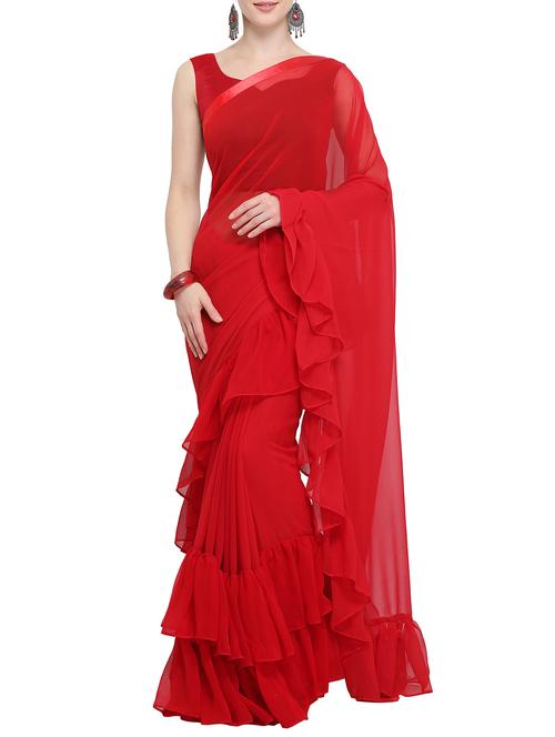 solid ruffled saree with blouse - 15852121 - Very Small Image - 1