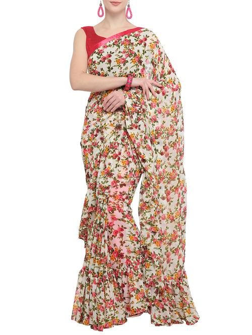 floral printed ruffled saree with blouse - 15852132 - Very Small Image - 1