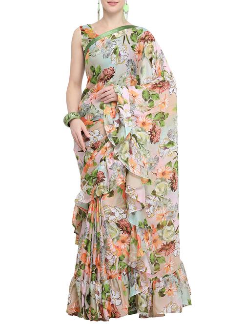 floral printed ruffled saree with blouse - 15852133 - Very Small Image - 1