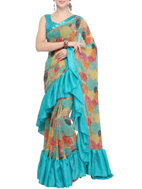 floral printed ruffled saree with blouse - 15852141 - Very Small Image - 1