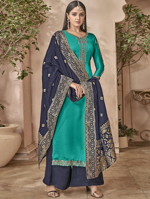 turquoise embroidered semi-stitched palazzo suit - 15852387 - Very Small Image - 1