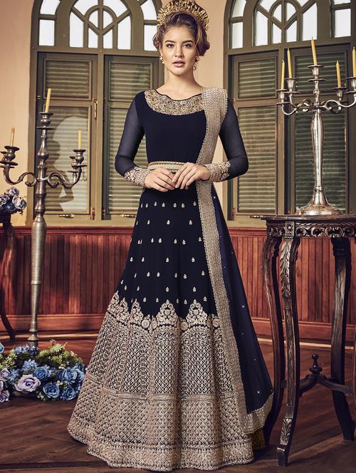navy blue embroidered semi-stitched anarkali suit - 15852393 - Very Small Image - 1