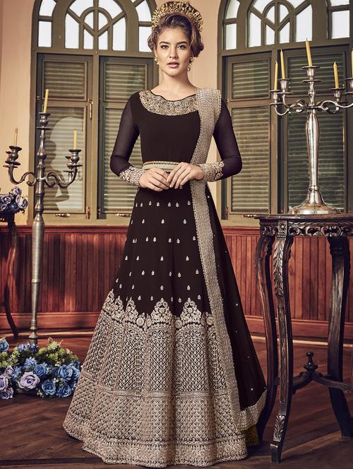 brown embroidered semi-stitched anarkali suit - 15852394 - Very Small Image - 1