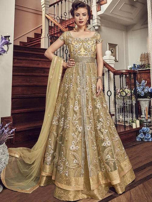 cream floral embroidered semi-stitched anarkali suit - 15852397 - Very Small Image - 1