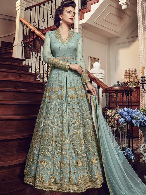 turquoise embroidered semi-stitched anarkali suit - 15852399 - Very Small Image - 1