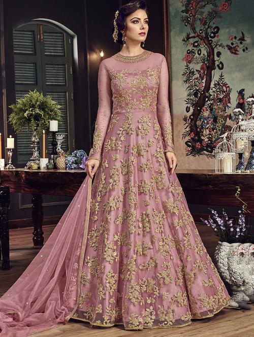 pink floral embroidered semi-stitched anarkali suit - 15852404 - Very Small Image - 1