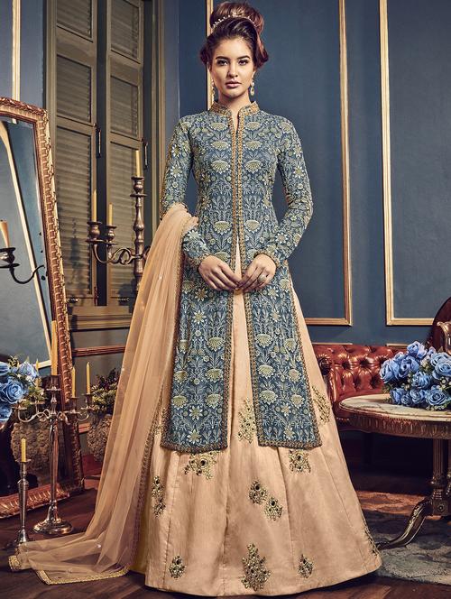 turquoise embroidered semi-stitched kurta skirt suit - 15852409 - Very Small Image - 1
