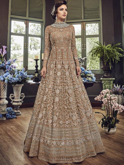 beige floral embroidered semi-stitched anarkali suit - 15852413 - Very Small Image - 1