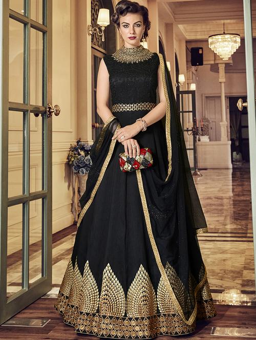 black embroidered semi-stitched anarkali suit - 15852416 - Very Small Image - 1