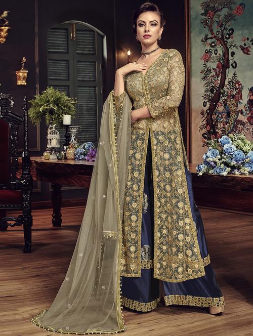 beige embroidered semi-stitched palazzo suit - 15852417 - Very Small Image - 1