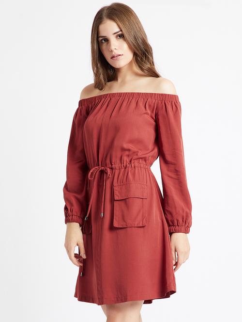off shoulder drawstring waist dress - 15853276 - Very Small Image - 1
