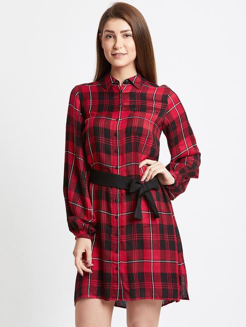 tie belted checkered shirt dress - 15853308 - Very Small Image - 1