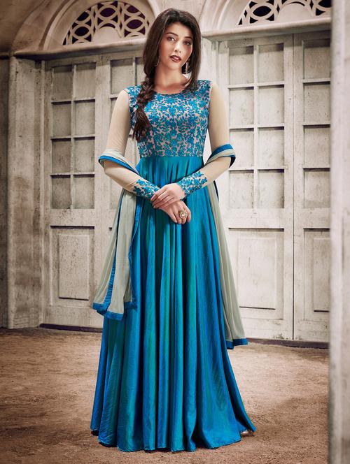 embroidered semi-stitched flared suit - 15853515 - Very Small Image - 1