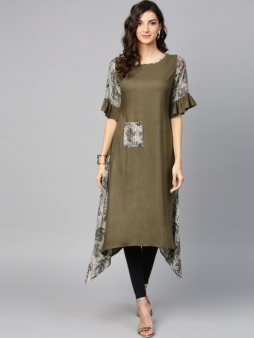 olive. asymmetric bell sleeves kurta - 15855206 - Very Small Image - 1