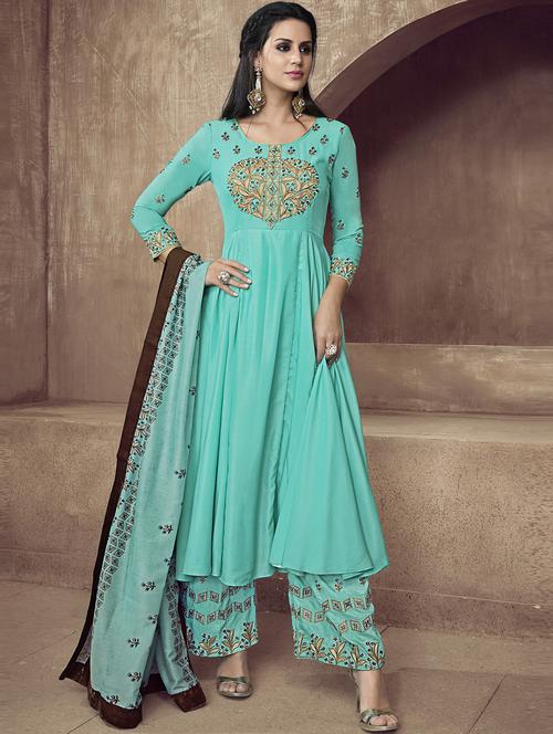 embroidered flared kurta palazzo with dupatta suit - 15855778 - Very Small Image - 1