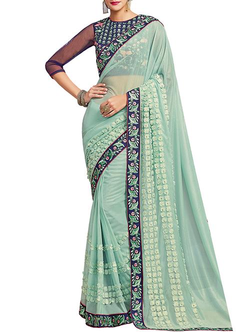 floral turquoise embroidered saree with blouse - 15856762 - Very Small Image - 1
