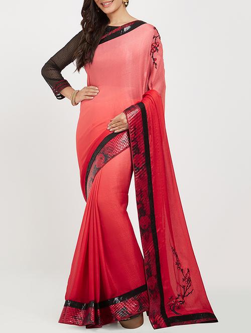embroidered ombre red saree with blouse - 15856763 - Very Small Image - 1