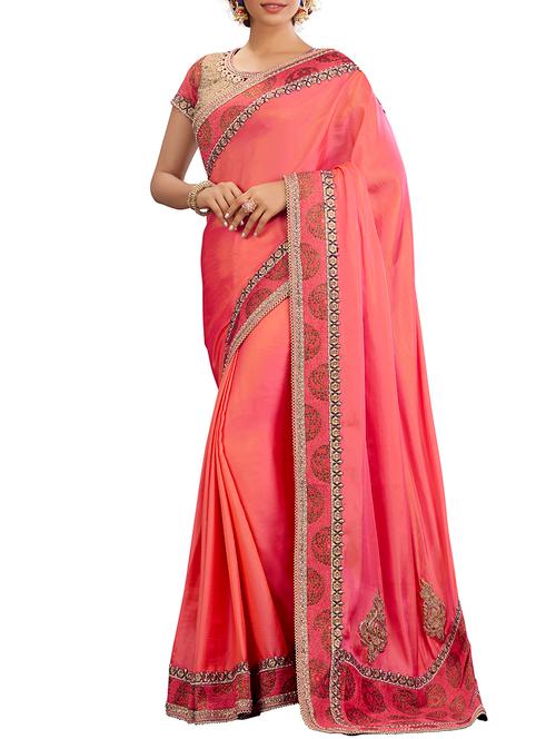 embroidered border blush red saree with blouse - 15856769 - Very Small Image - 1