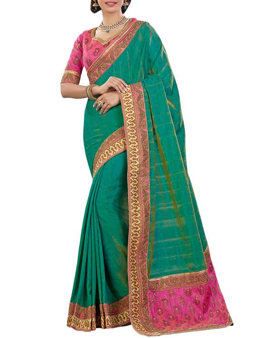 contrast embroidered border saree with blouse - 15856805 - Very Small Image - 1