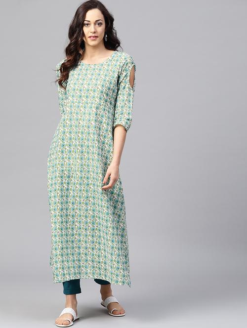 printed a-line cold shoulder kurta - 15857178 - Very Small Image - 1