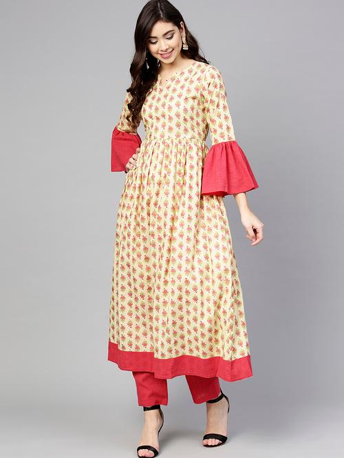 floral bell sleeved kurta with pant set - 15857240 - Very Small Image - 1