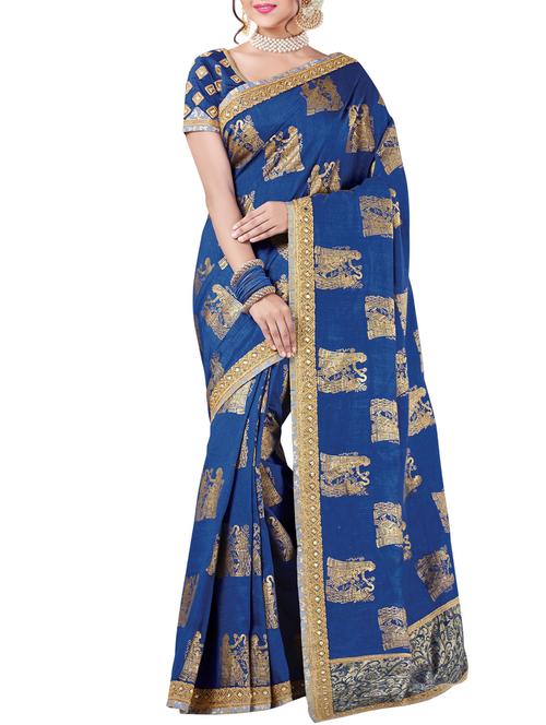 foil printed navy blue saree with blouse - 15858263 - Very Small Image - 1