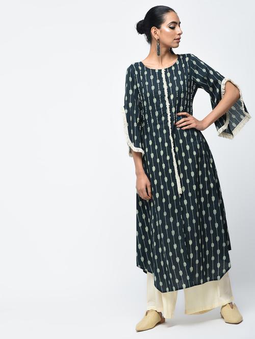 ikat print a-line kurta with fringes - 15858444 - Very Small Image - 1