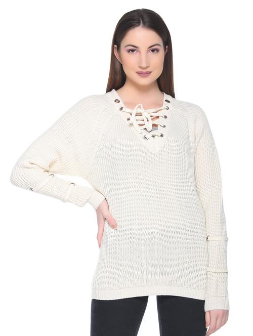 eyelet lace up neck knitted top - 15859894 - Very Small Image - 1