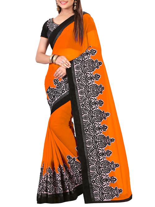 floral border orange embroidered saree with blouse - 15860048 - Very Small Image - 1