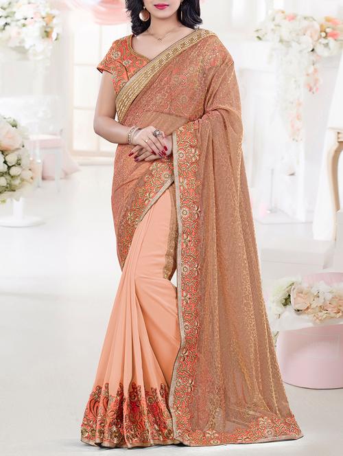 embroidered border half & half saree with blouse - 15860052 - Very Small Image - 1