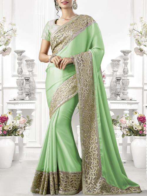 embroidered border green saree with blouse - 15860053 - Very Small Image - 1