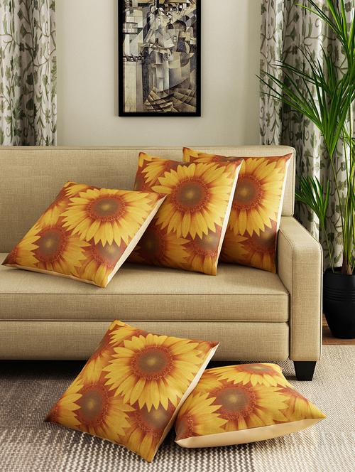 romee multicolor polyester jute fabric sunflower print cushion cover 16" x 16" (set of 5) - 15860094 - Very Small Image - 1