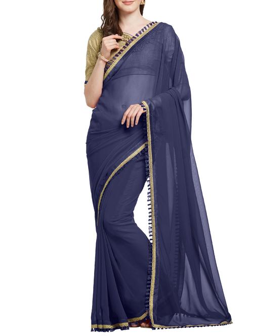 lace bordered solid saree with blouse - 15860785 - Very Small Image - 1