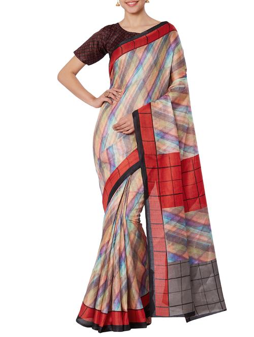 checkered printed saree with blouse - 15860798 - Very Small Image - 1