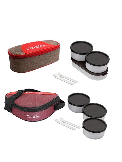combo solace red and brown +triangle maroon lunchbox black dabbi plstic - 15861890 - Very Small Image - 1