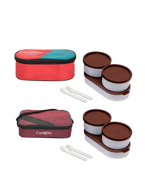 combo 3 in 1 red + metro maroon brown dabbi plastic lunchbox - 15861912 - Very Small Image - 1