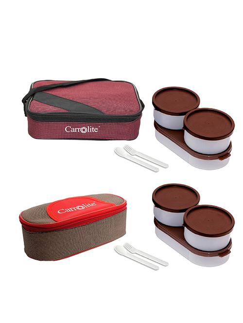 combo metro maroon + solace red-brown with brown dabbi plastic lunchbox - 15861931 - Very Small Image - 1