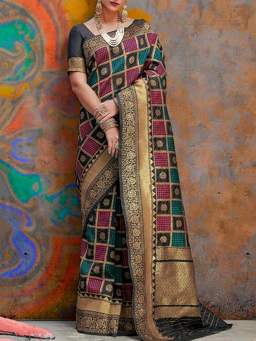 checkered zari motif banarasi saree with blouse - 15863641 - Very Small Image - 1