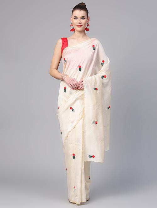 ivory polka dots embroidered saree with blouse - 15863651 - Very Small Image - 1