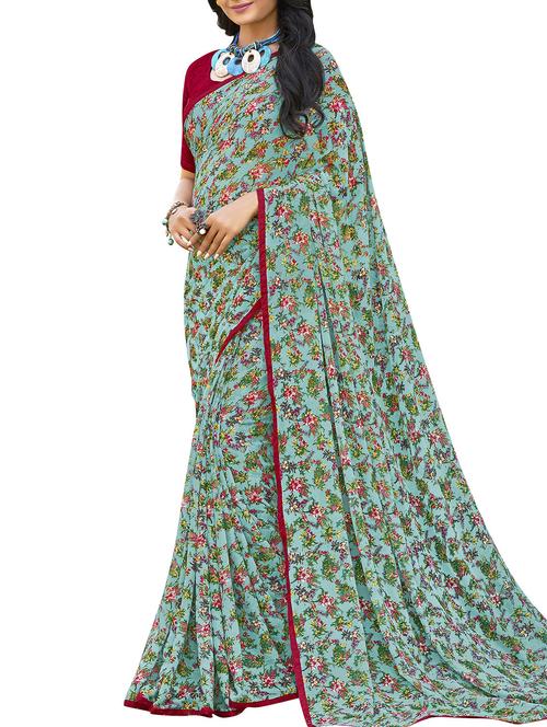 floral printed turquoise saree with blouse - 15864689 - Very Small Image - 1