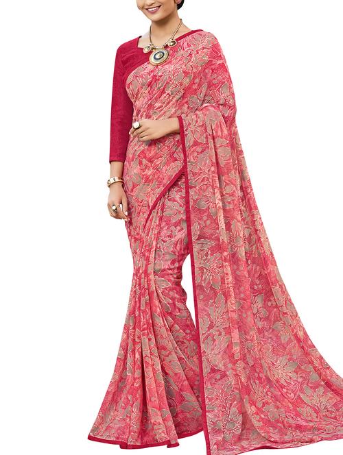 floral printed pink saree with blouse - 15864690 - Very Small Image - 1