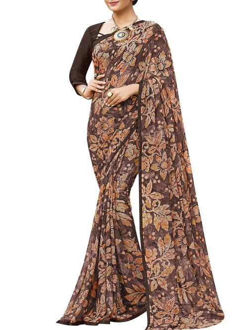 floral printed brown saree with blouse - 15864693 - Very Small Image - 1