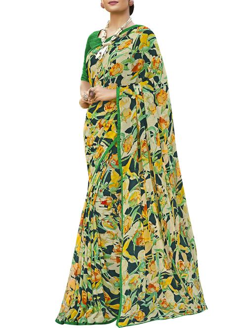 floral printed green saree with blouse - 15864695 - Very Small Image - 1