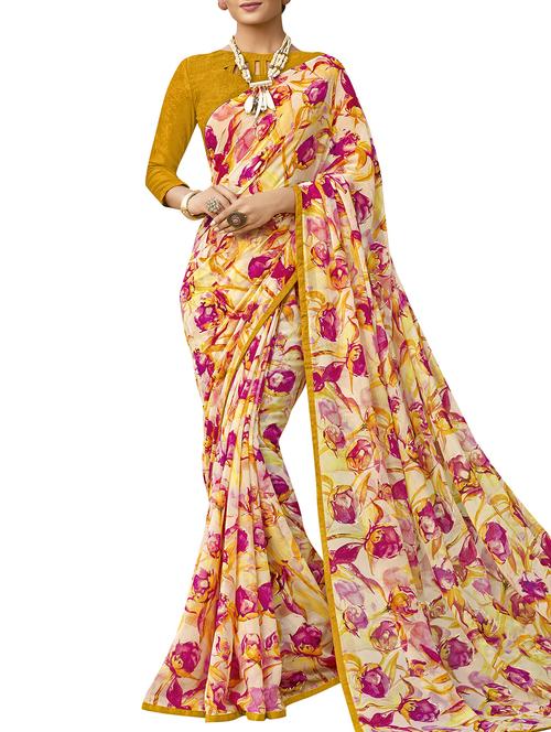 floral printed beige saree with blouse - 15864696 - Very Small Image - 1