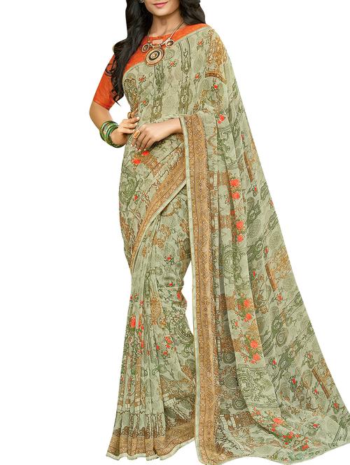 floral printed pista green saree with blouse - 15864697 - Very Small Image - 1