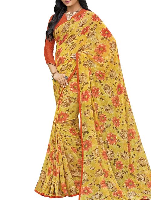 floral printed yellow saree with blouse - 15864699 - Very Small Image - 1