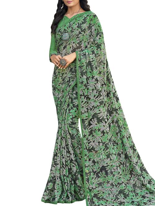 floral printed green saree with blouse - 15864700 - Very Small Image - 1