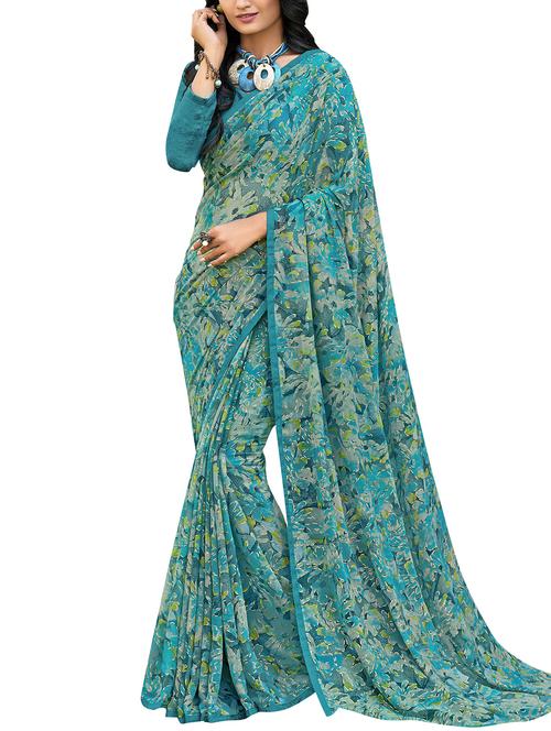 floral printed turquoise saree with blouse - 15864705 - Very Small Image - 1