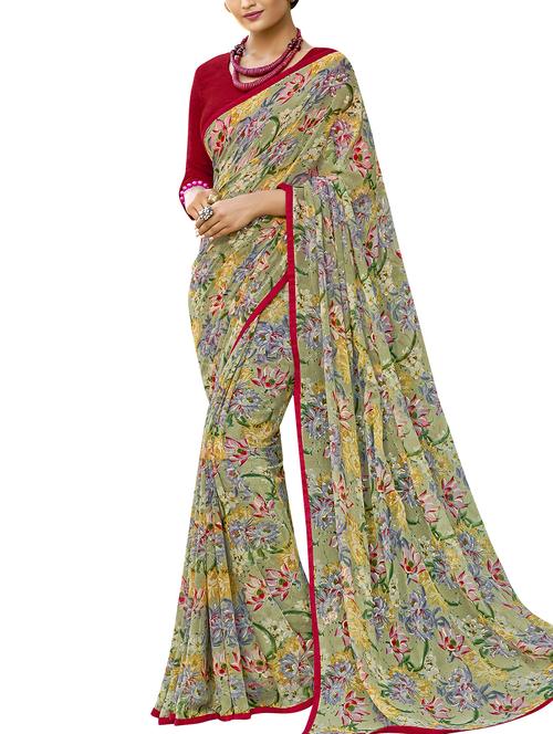 floral printed green saree with blouse - 15864706 - Very Small Image - 1