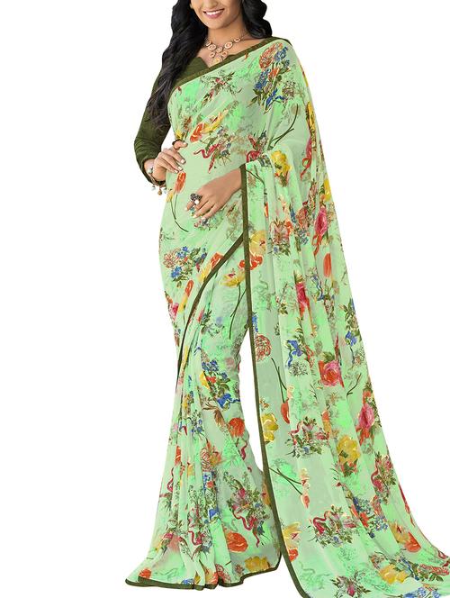 floral printed pista green saree with blouse - 15864707 - Very Small Image - 1